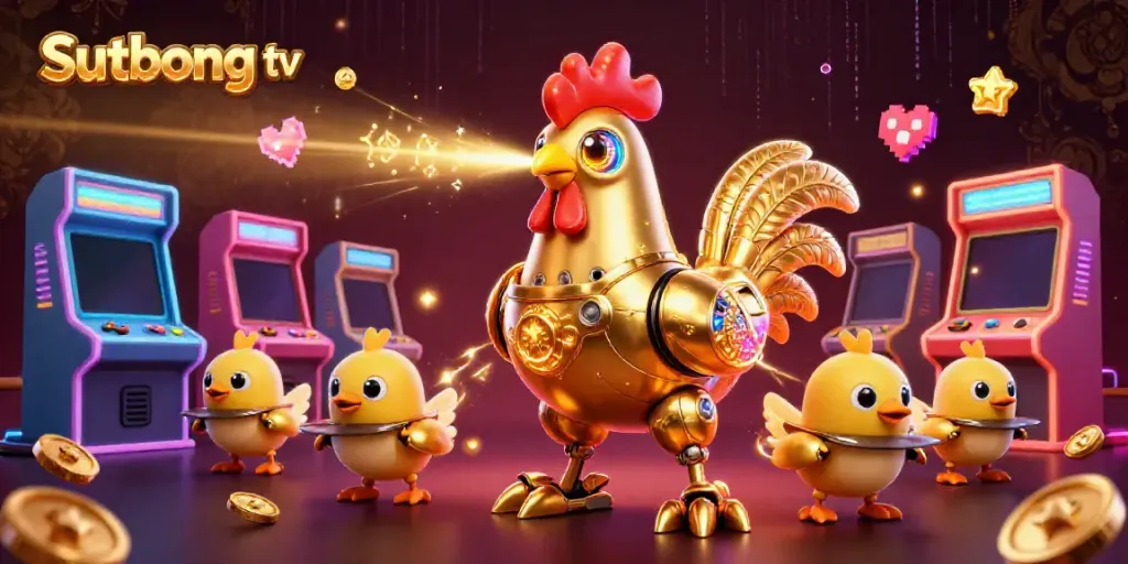 Sutbong tv features a golden rooster robot and baby chick drones amidst colorful gaming elements in a casino setting.