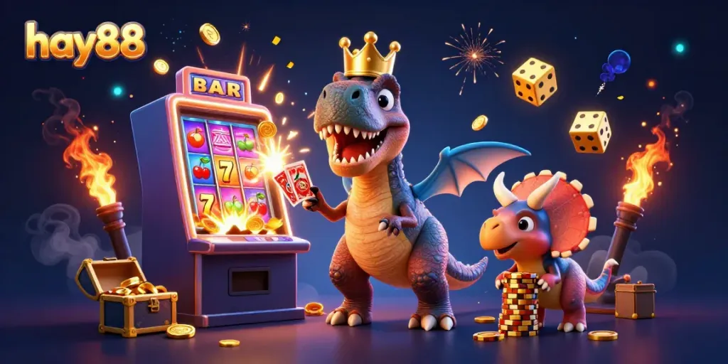 Experience high-energy gaming with hay88, featuring a lively T-Rex card shuffle scene amidst a jackpot explosion.