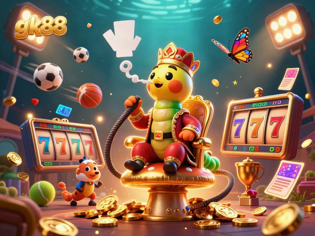 Experience thrilling slot gameplay with gk88's vibrant 3D illustration featuring poker symbols and casino elements.