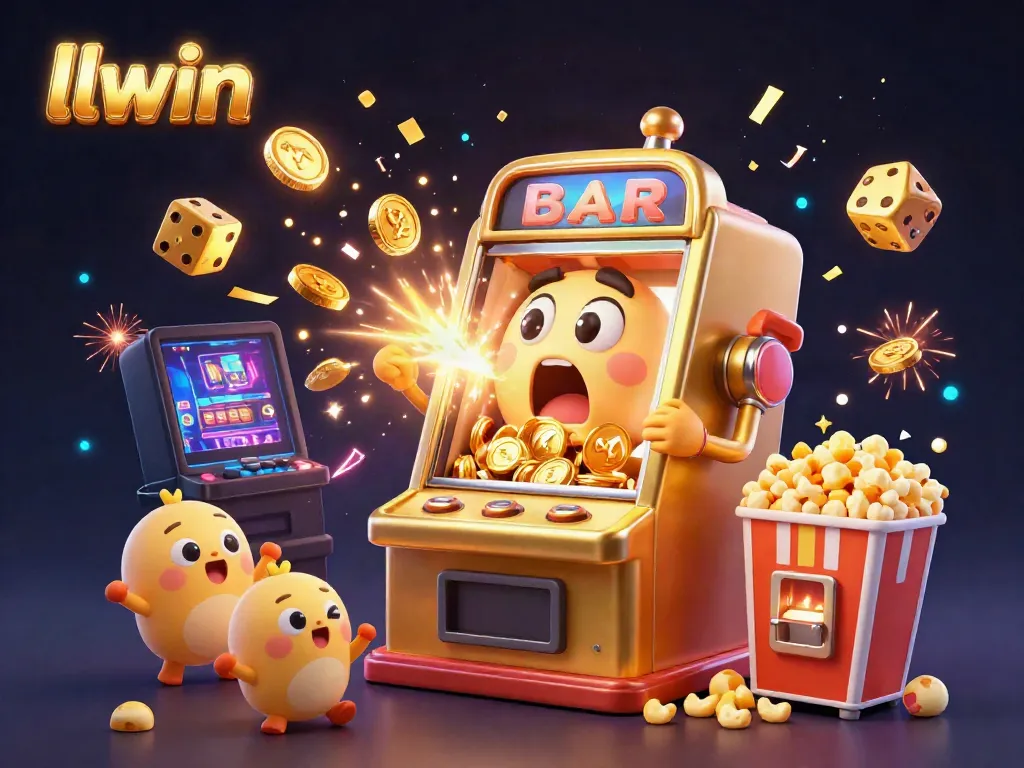 Experience the thrill of gaming at LLWIN with a lively illustration of a golden slot machine hitting the jackpot.