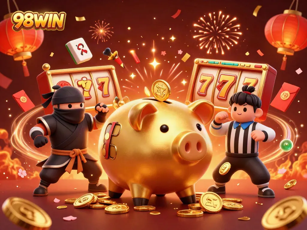 Engage with 98WIN’s vibrant casino games featuring a lively golden piggy bank and ninja characters.