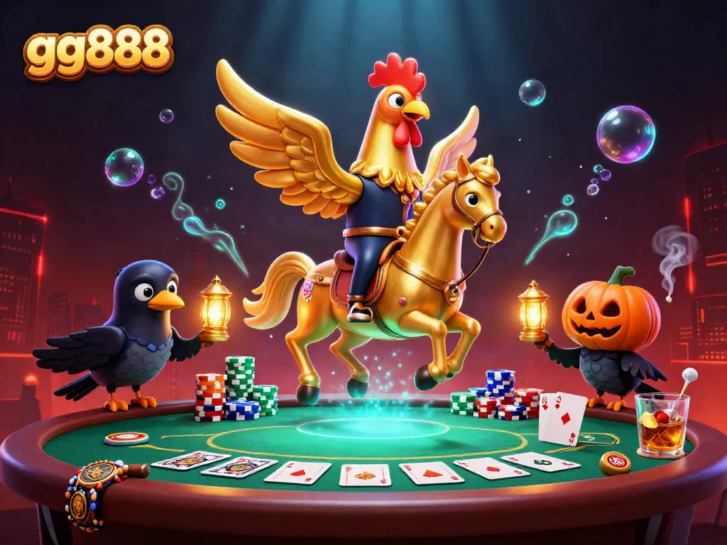 Engage with gg888 in a vibrant midnight casino scene filled with poker elements and enchanting characters.
