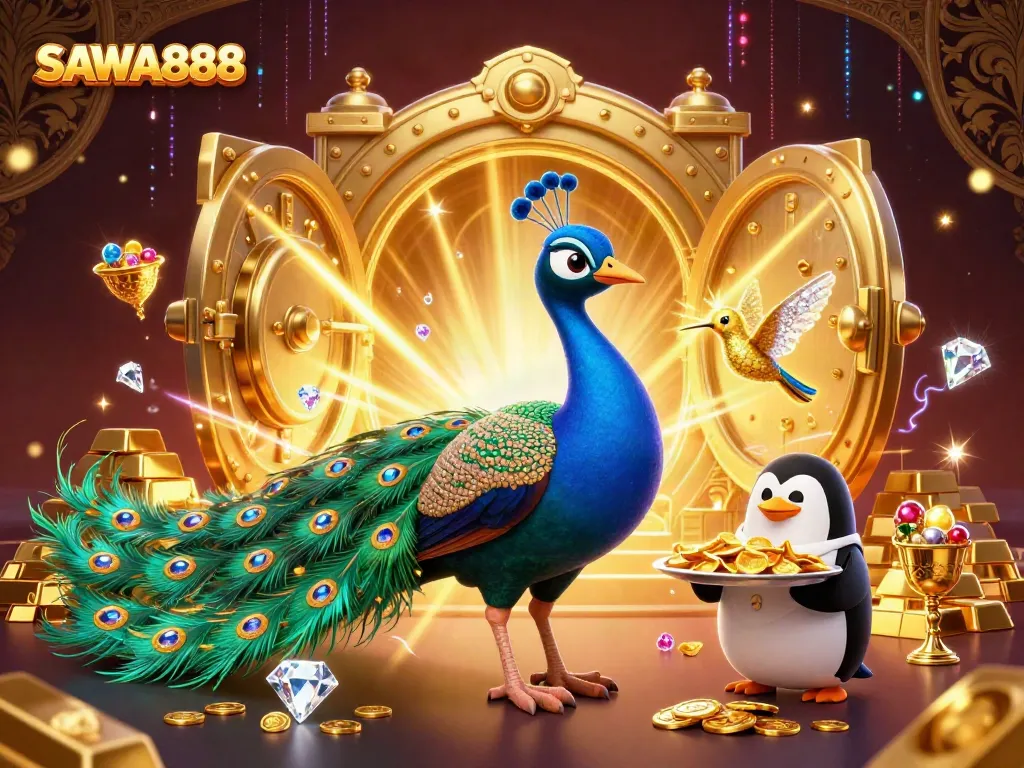 Play thrilling games at SAWA888 with a vibrant illustration showcasing animated casino characters.