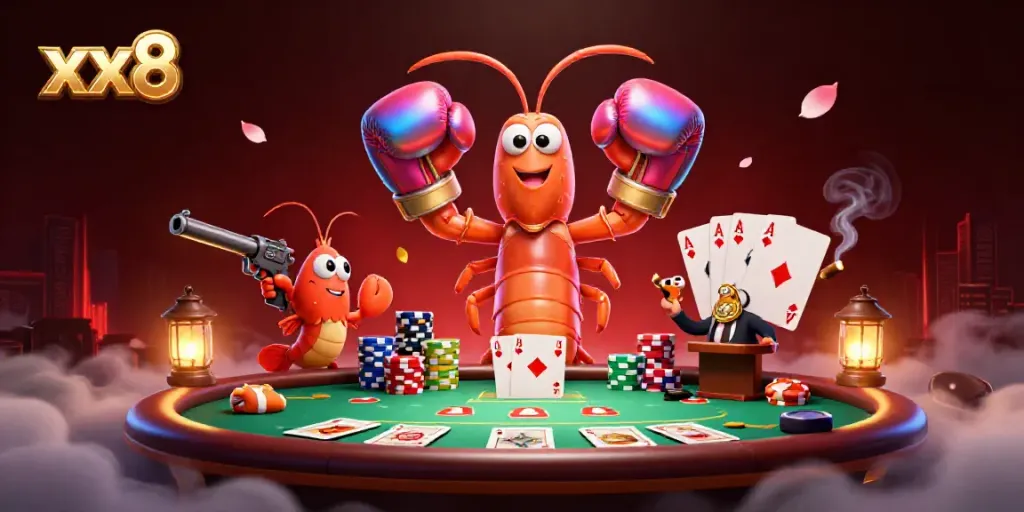 Experience the thrill of gaming at xx8 with the mantis shrimp and friends at a vibrant poker table.
