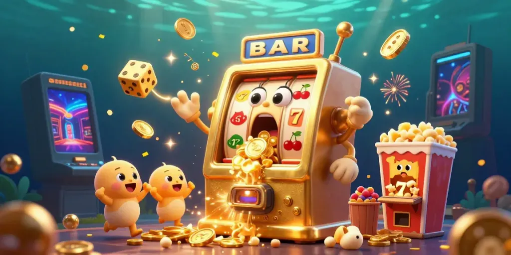 Engaging scene with a golden slot machine hitting a jackpot at ee88ae1 casino, celebrating its wins.