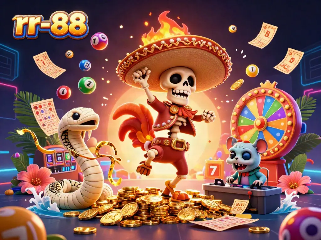 Engage in thrilling gameplay at rr-88 with a vibrant casino scene featuring a mariachi rooster, mummy snake, and zombie hamster DJ.