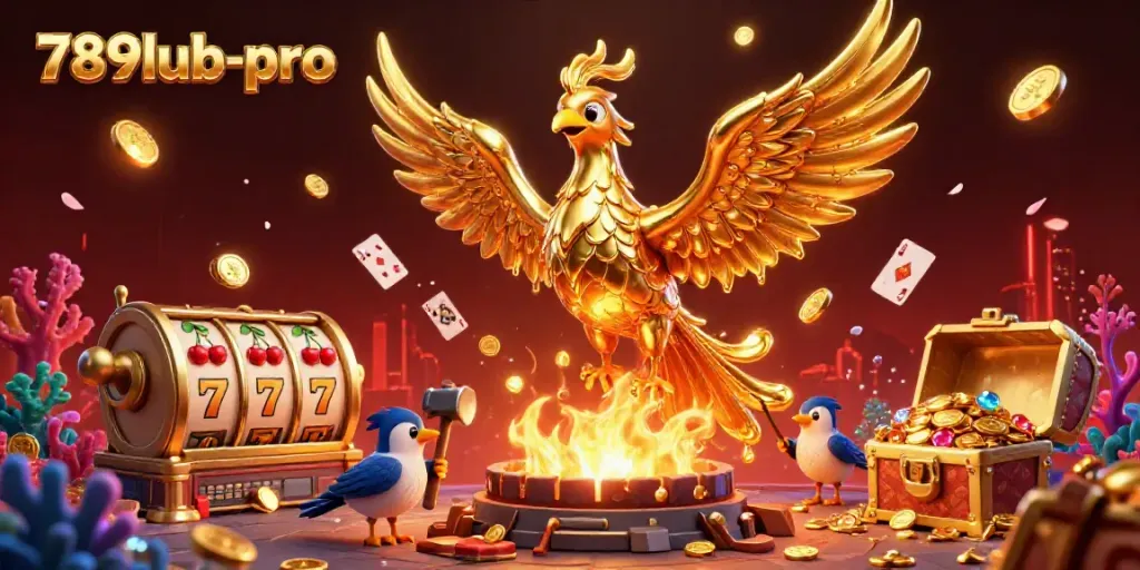 Experience 789lub-pro's transformative gaming moments with a golden phoenix and rich casino elements.