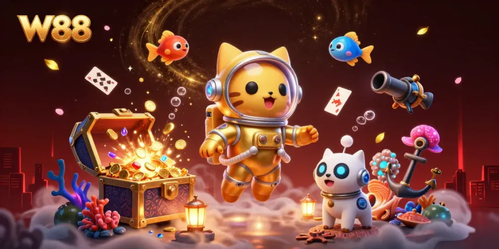 Join the action at W88 with a colorful and dynamic casino-themed illustration featuring characters and gaming elements.