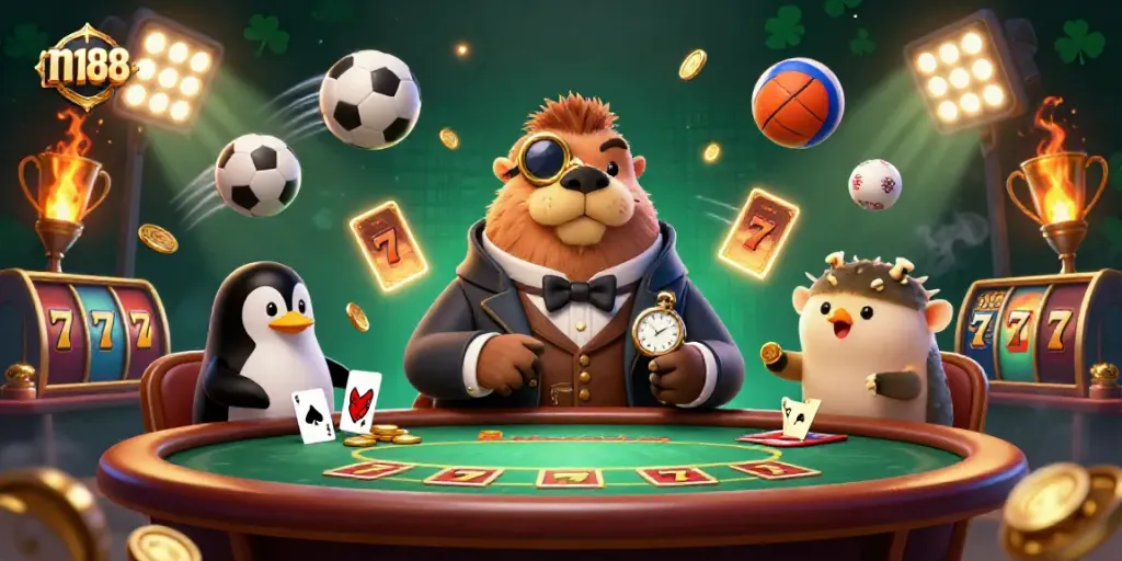 Experience the thrill of n188 with a jolly walrus and friends at an underwater poker table.
