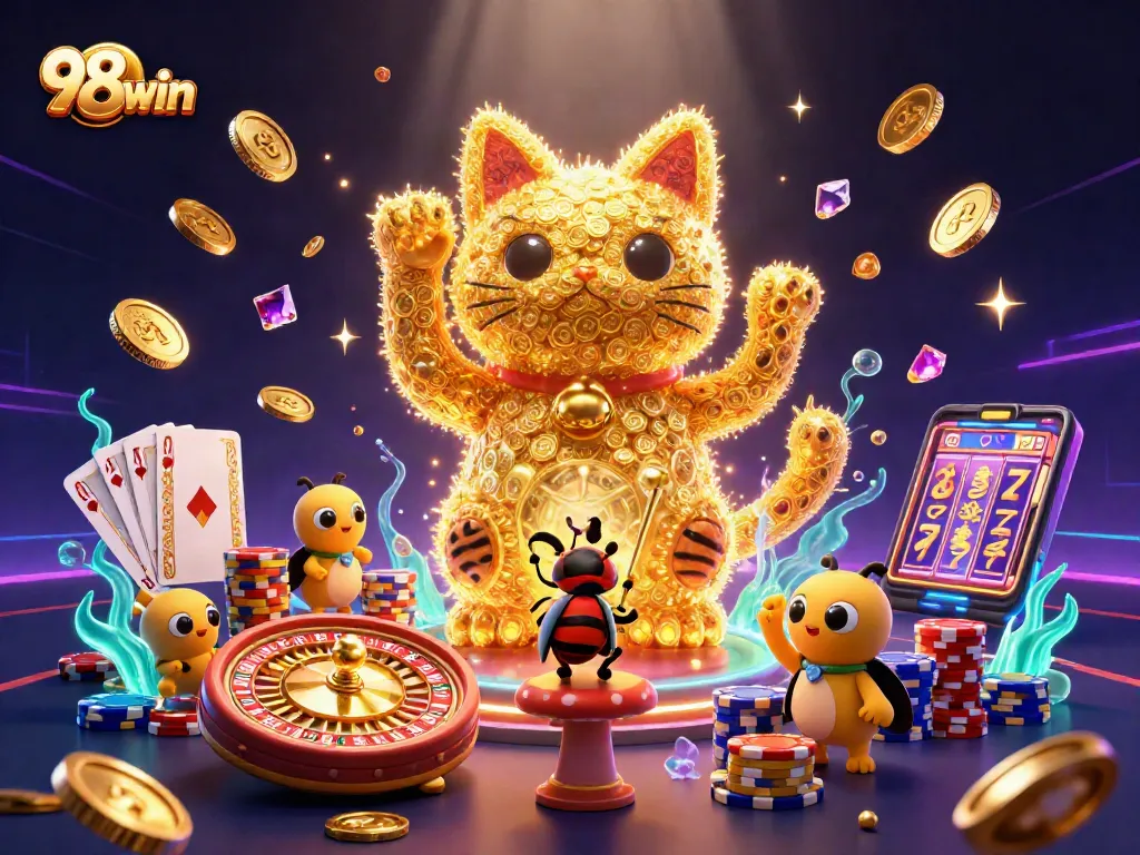 Engage with 98win's exciting casino thrills featuring a golden lucky cat and vibrant gaming elements.