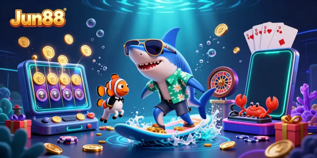 Experience thrilling gameplay at Jun88 with vibrant characters riding waves of gold coins.