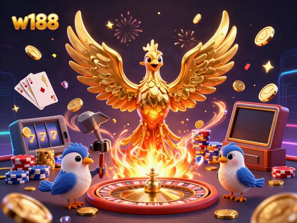 Experience the w188 gaming realm with a golden phoenix emerging from molten metal, surrounded by dynamic casino elements.