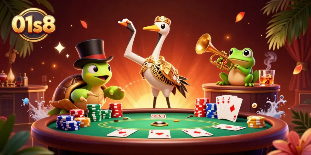 Join the action at 01s8 with vibrant casino characters amidst a dynamic poker scene.