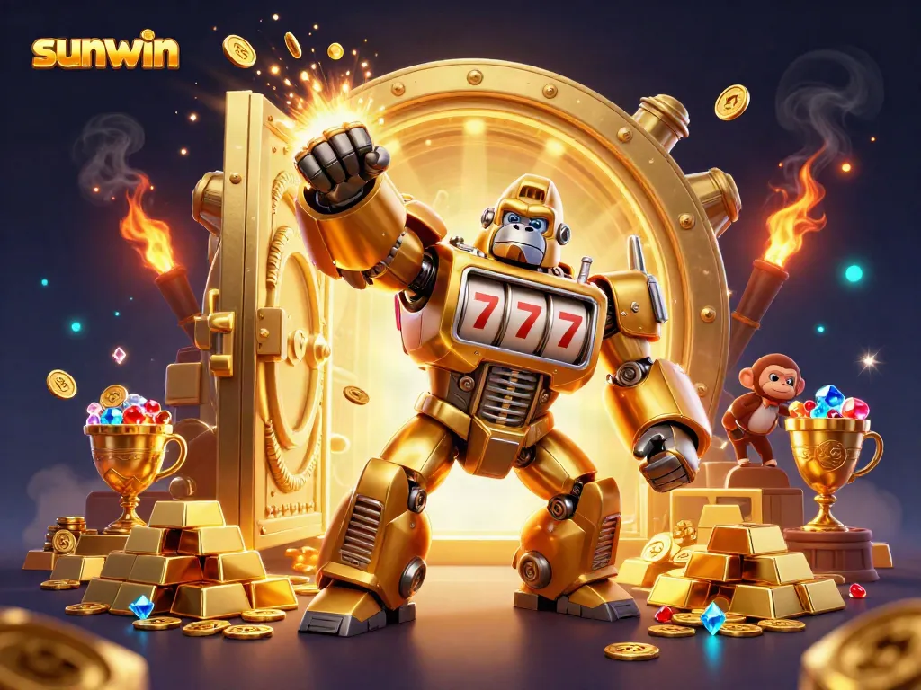 Experience thrilling gameplay with sunwin in this vibrant 3D casino illustration, complete with slot machines and fantasy elements.