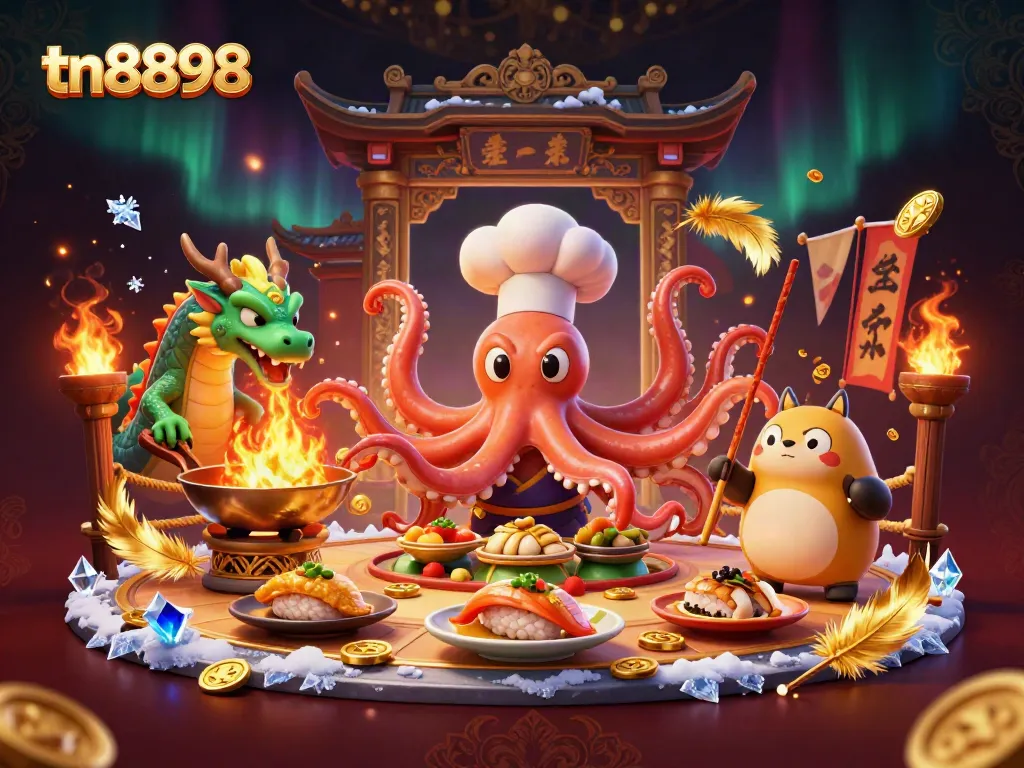 Win big with tn8898 as a colorful octopus sushi chef crafts golden dishes in an animated casino atmosphere.