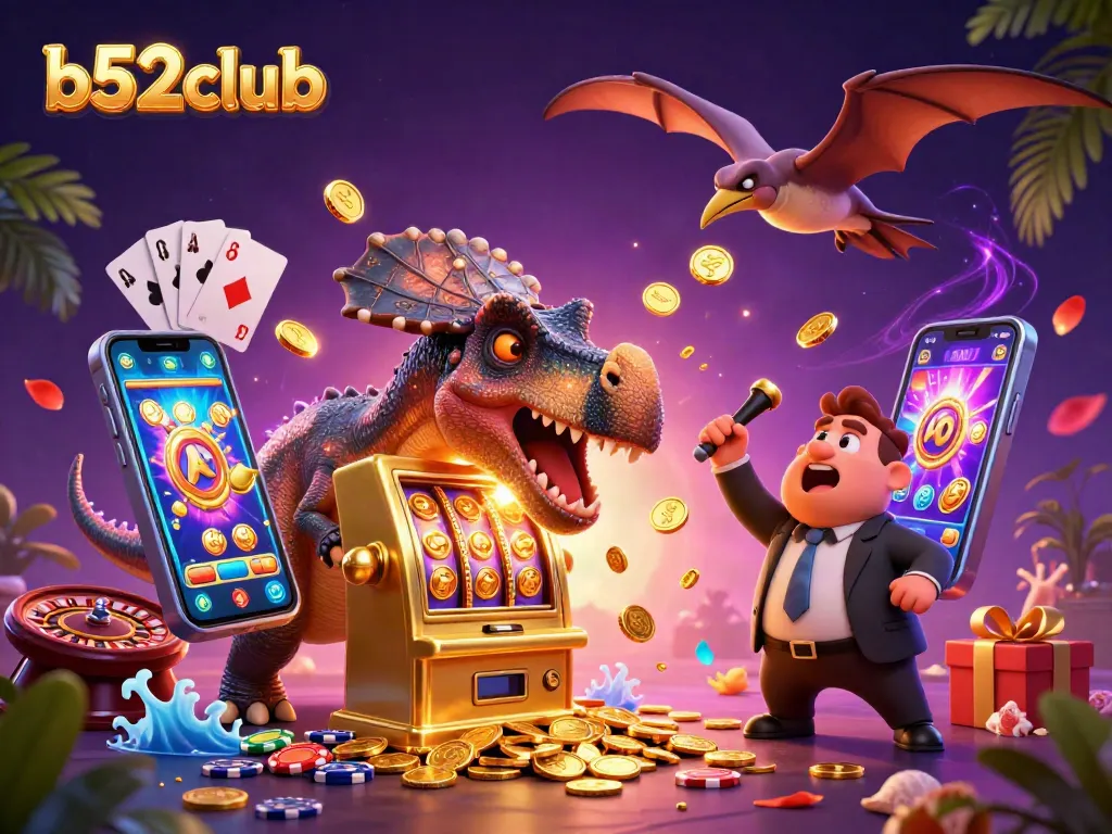b52club captures thrilling jackpot excitement with a vibrant 3D casino scene featuring animated dinosaurs and slot machines.