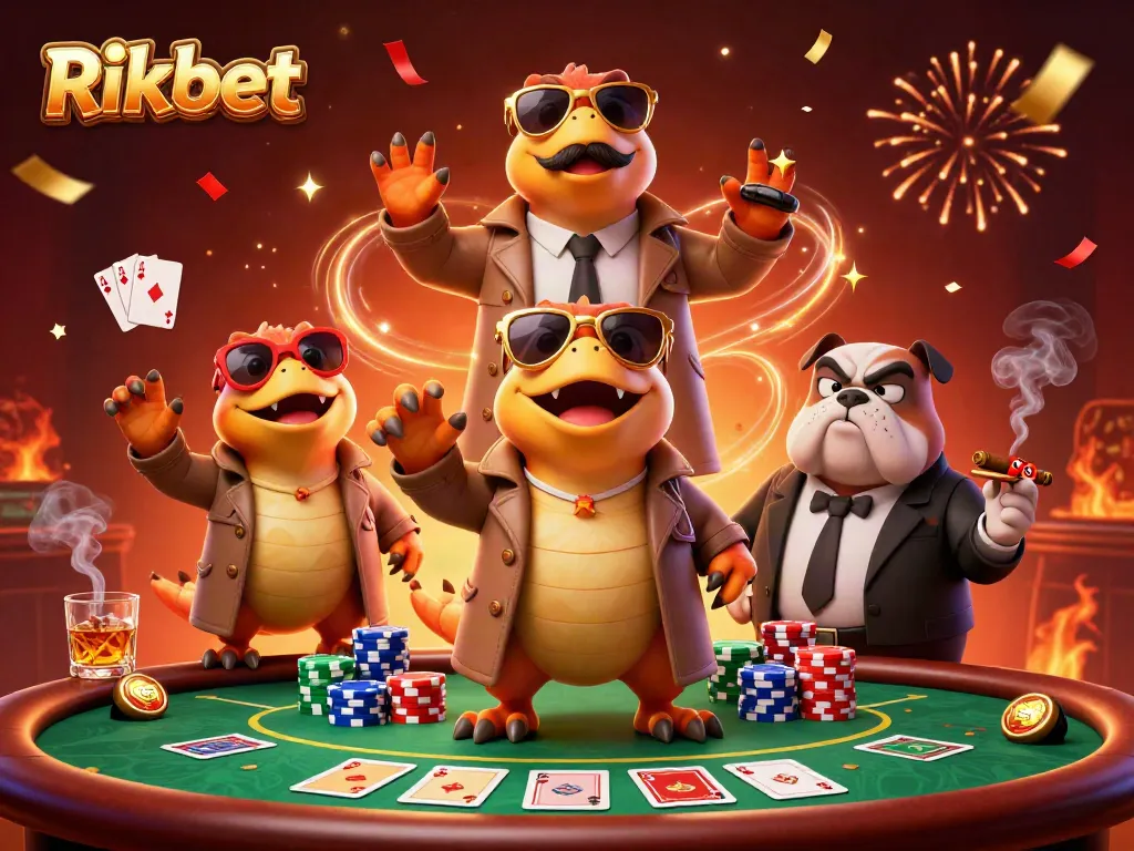 Rikbet raptors humorously attempting to enter a VIP casino lounge with poker elements.
