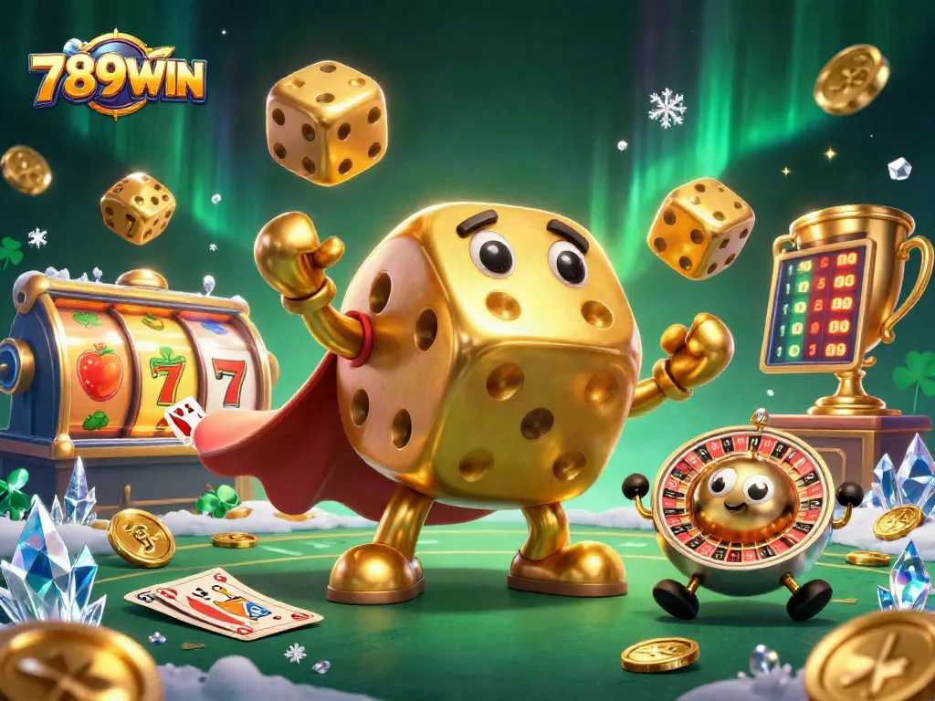 Win big at 789WIN with a dynamic casino scene featuring golden dice and spinning slot reels