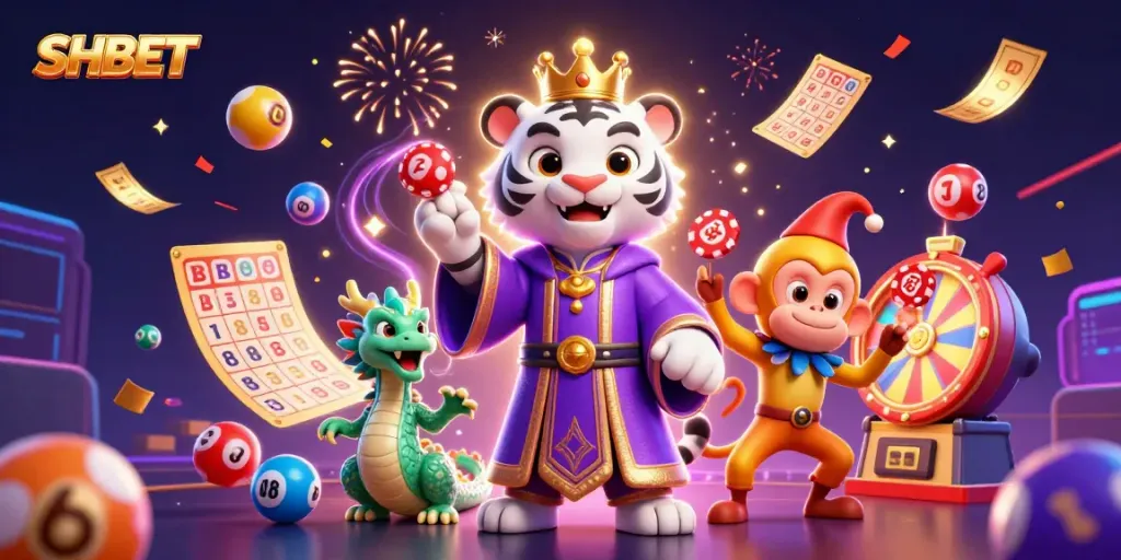 Engaging scene with SHBET's mascot tiger, monkey, and dragon celebrating wins amid casino elements.