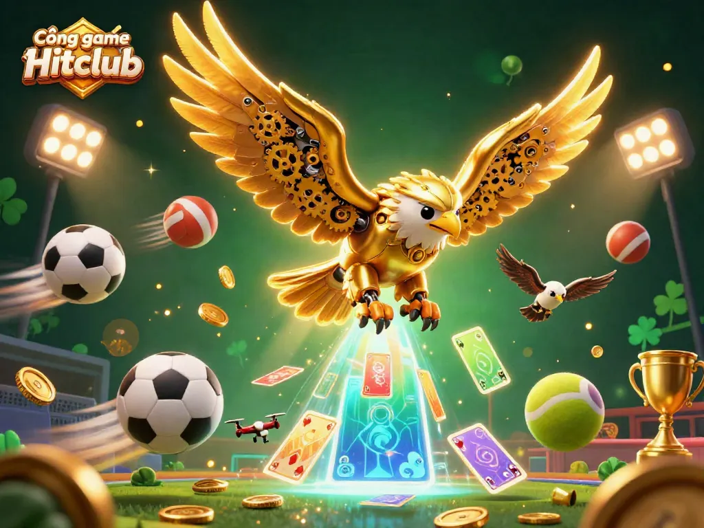 Experience thrilling gameplay at Cổng game Hitclub with exhilarating cartoon eagle diving into vibrant playing cards