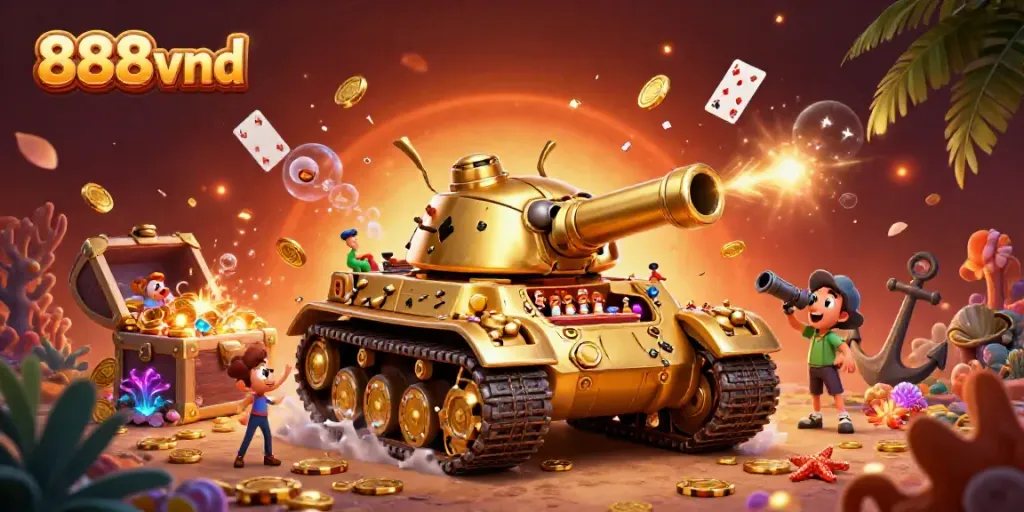 Engage in thrilling gaming at 888vnd with a dynamic casino scene inside a golden beetle tank surrounded by treasure.