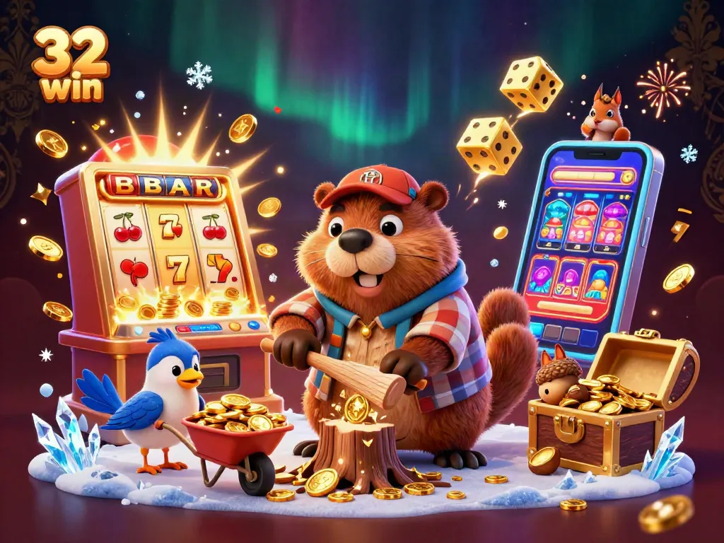 Experience the thrill of 32 win with vibrant illustrations of jackpots, coins, and lively characters.