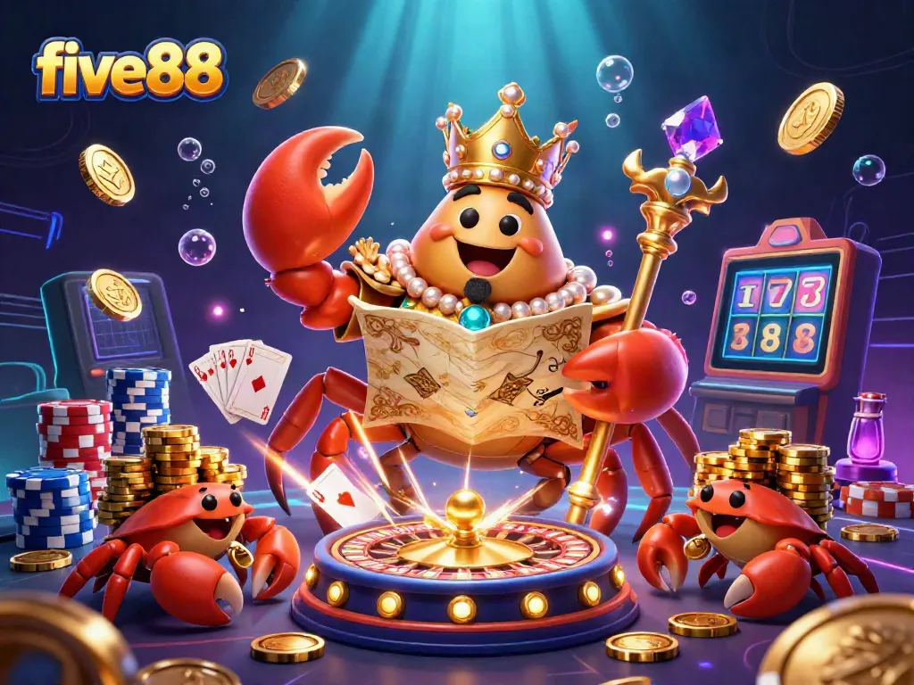 Engage in thrilling action at five88, where a golden crab emperor rules a vibrant casino landscape filled with treasures.