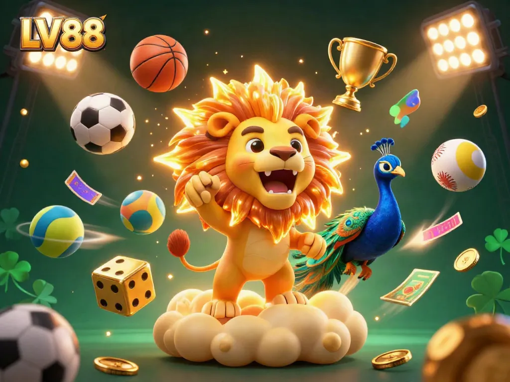 Engage with thrilling games at LV88, featuring a vibrant 3D lion mascot amidst dice and sports elements.