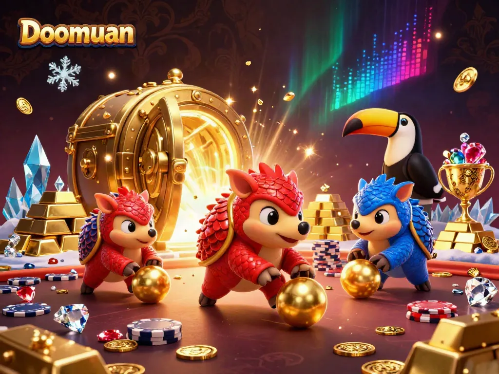 Doomuan pangolins roll poker chips in a vibrant, exciting gambling scene with gold treasures