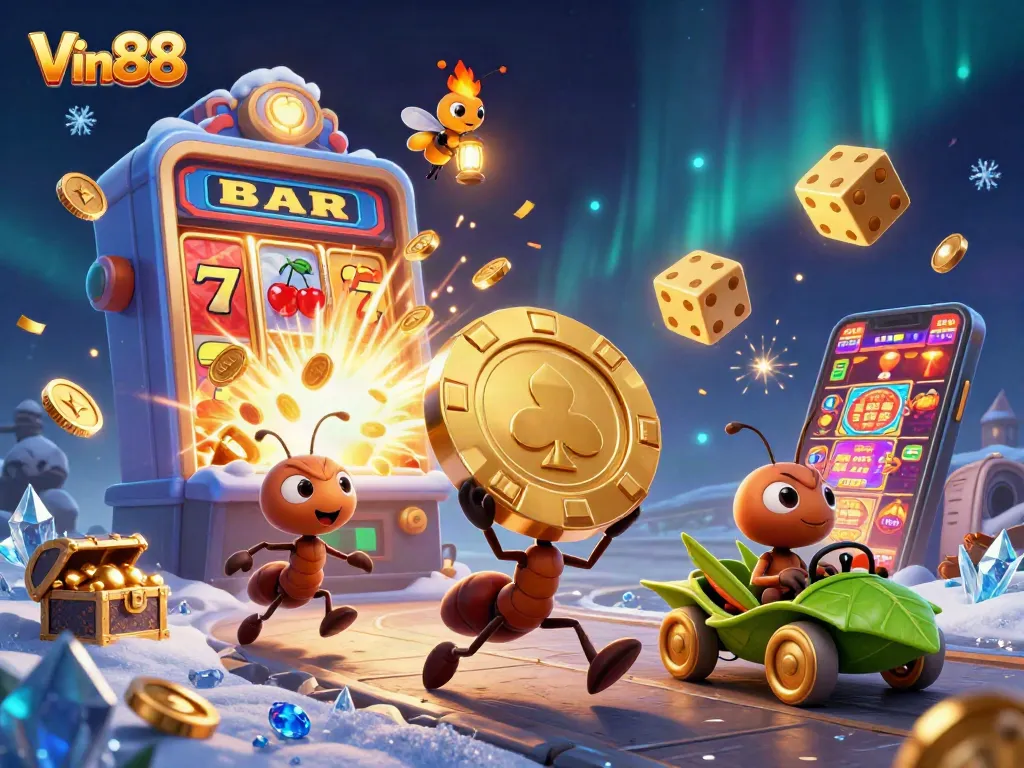 Experience thrilling gameplay with Vin88 as cartoon ants carry a giant poker chip in a dynamic casino scene.
