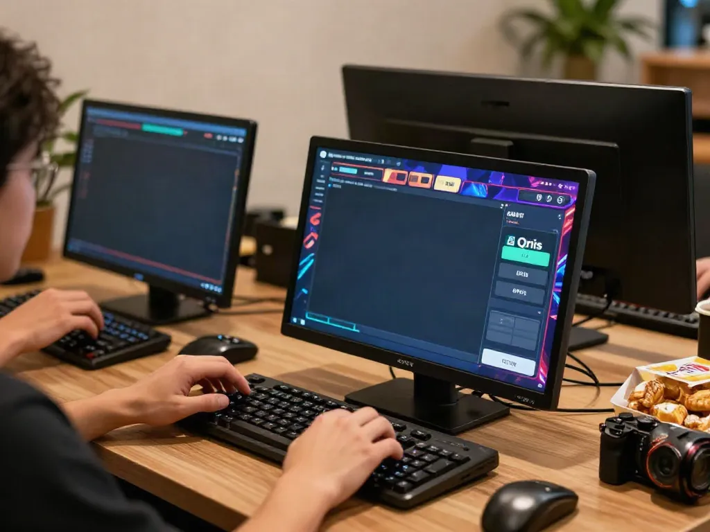 Engaged player exploring server Thailand slot games on a laptop with Qris payment options and a cozy gaming setup.
