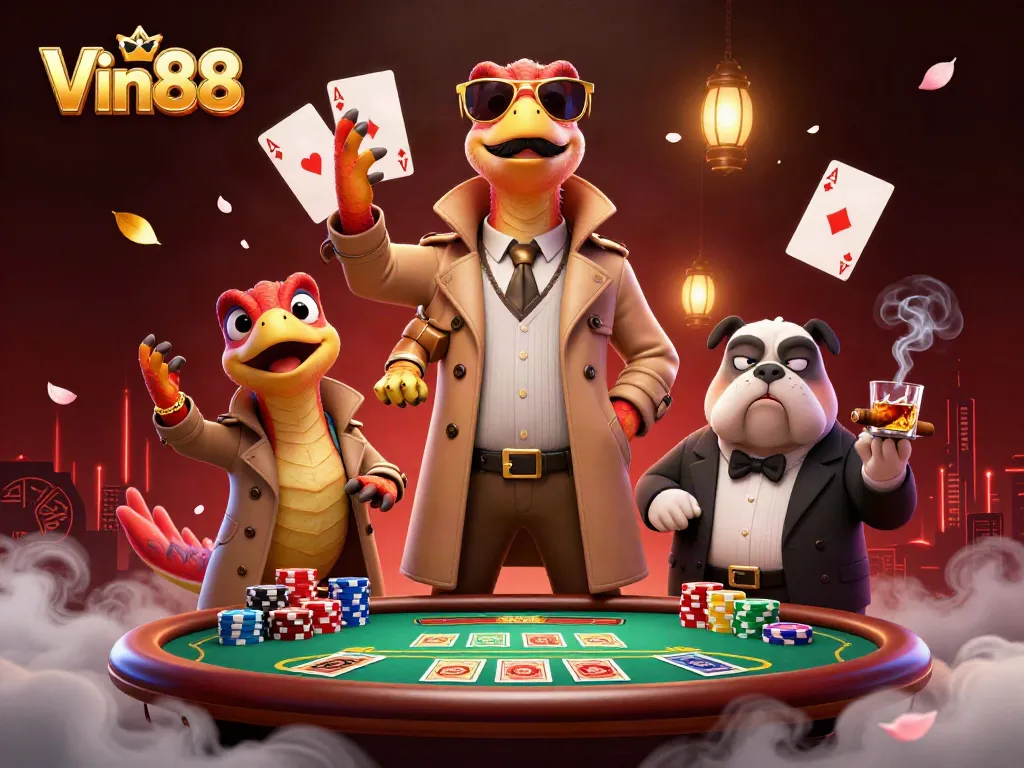 Join the fun at Vin88 with three raptors in disguise trying to enter a VIP casino lounge.