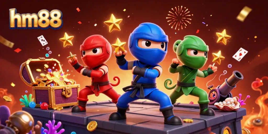 Experience the excitement of hm88 with dynamic chameleon ninjas and vibrant treasures in a 3D casino scene.