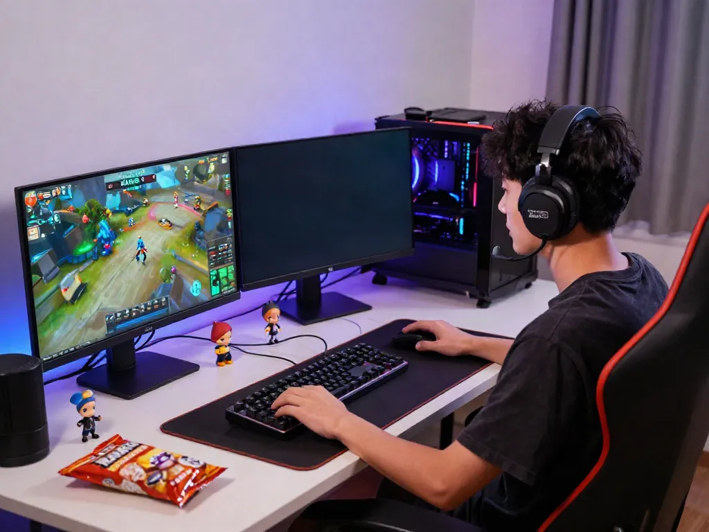 Engaged gamer at modern desk with gaming setup and MAN88 interface, showcasing online gaming excitement.