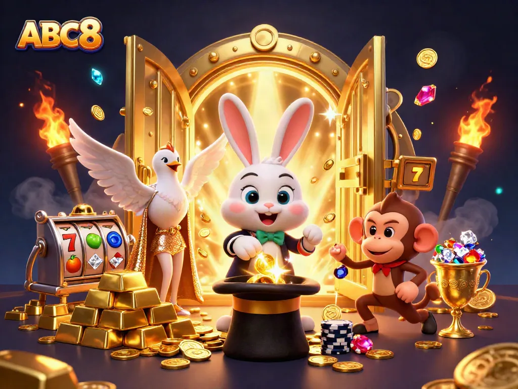 Experience magical wins at ABC8 with a 3D illustration of a magician and slot games bursting with golden coins.