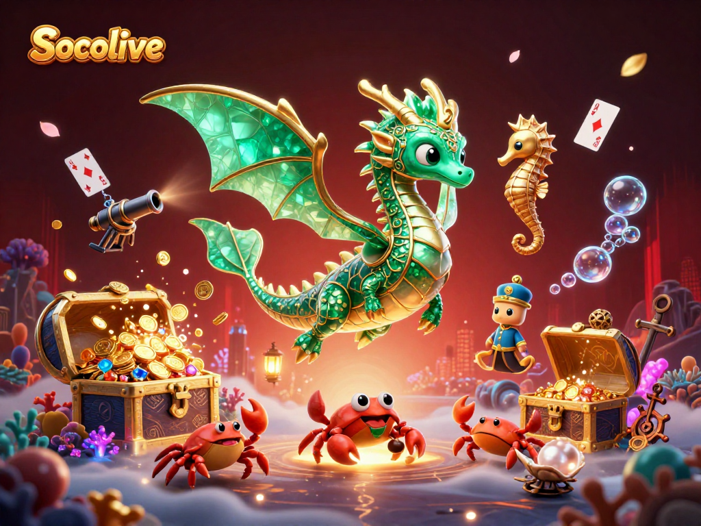 Socolive highlights a colorful underwater casino scene featuring a sea dragon and treasure chest.