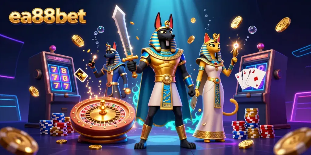 Experience thrilling wins with ea88bet as Anubis and Bastet navigate a casino wonderland of gems and gold.
