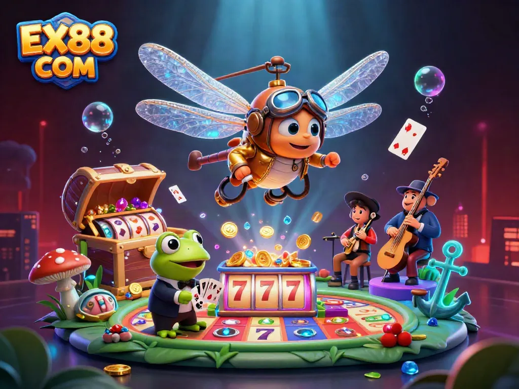 Experience the thrill of online gaming with EX88 COM in this vibrant 3D casino scene featuring a dragonfly pilot and lively characters.