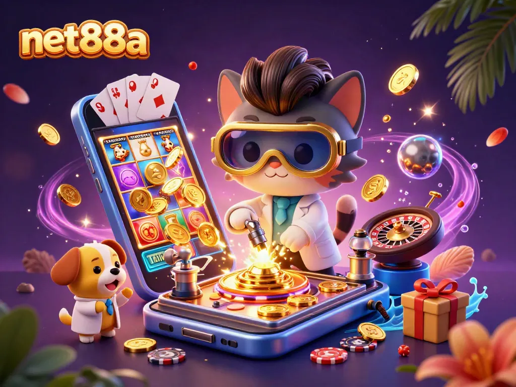 Experience exciting games at net88a with a lively, colorful 3D casino illustration.