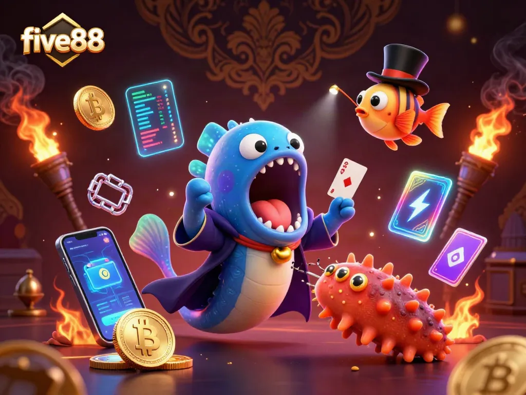 five88 showcases an imaginative casino scene with bioluminescent sea creatures performing magic and digital elements.