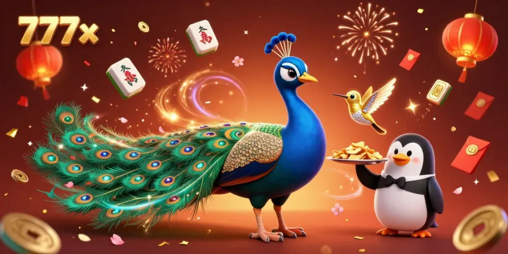 Experience the vibrant world of 777x with stunning visuals of a peacock and penguin amid a celebratory casino atmosphere.