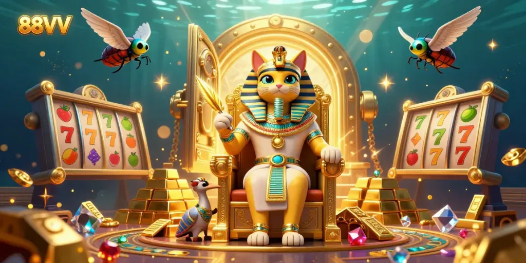 Experience the vibrant dynamics of 88VV casino with a cartoon Egyptian cat pharaoh surrounded by gold and gambling elements.