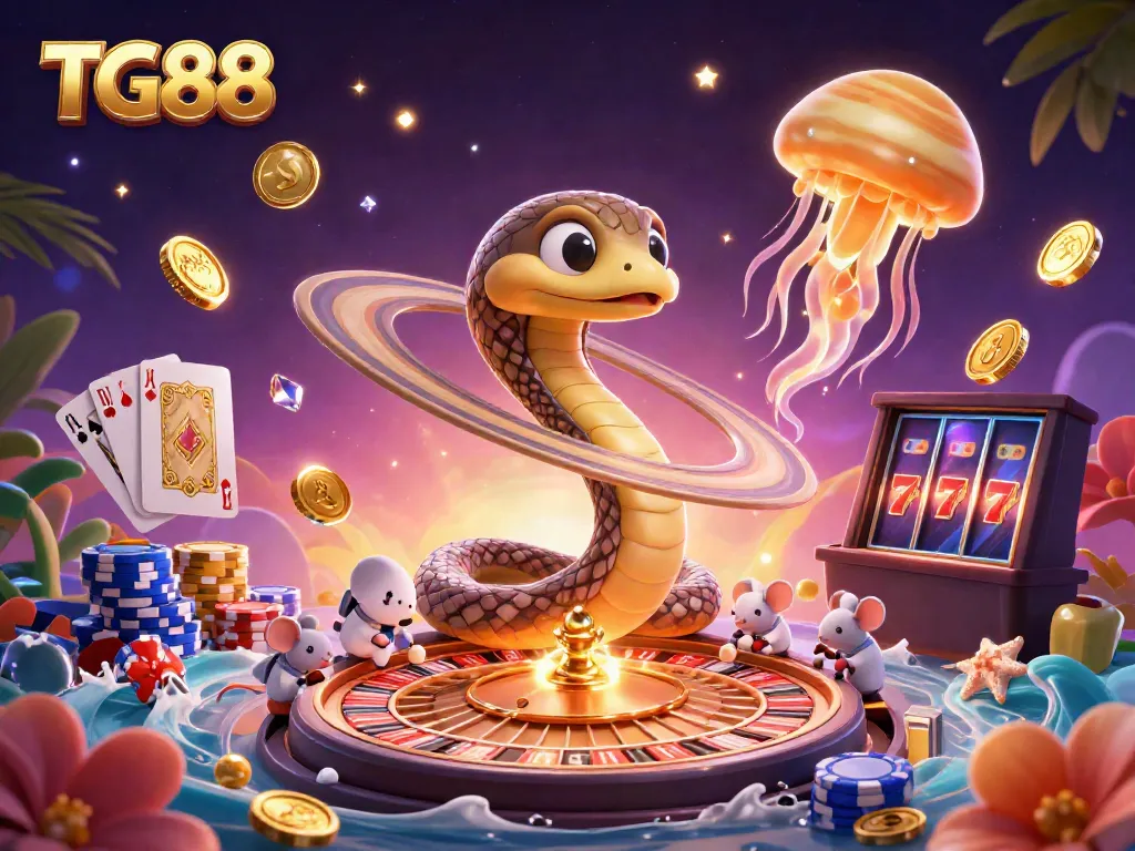 Engage with TG88's vibrant casino world, where astronaut mice bet on a snake roulette wheel amidst dazzling gems and cosmic elements.