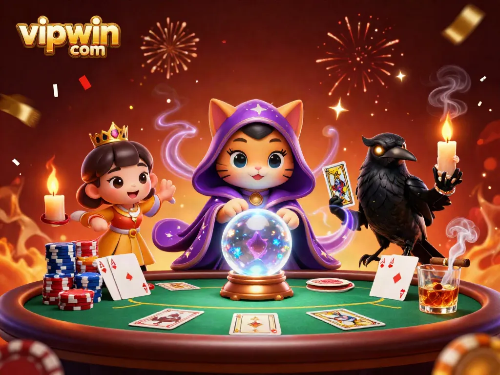 Experience thrilling gameplay at vipwin com with a vibrant casino scene featuring mystic characters and poker elements.
