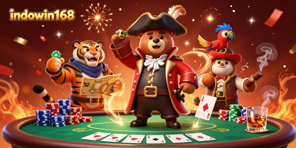 Engage with indowin168 as the bear captain and crew gamble at the poker table.