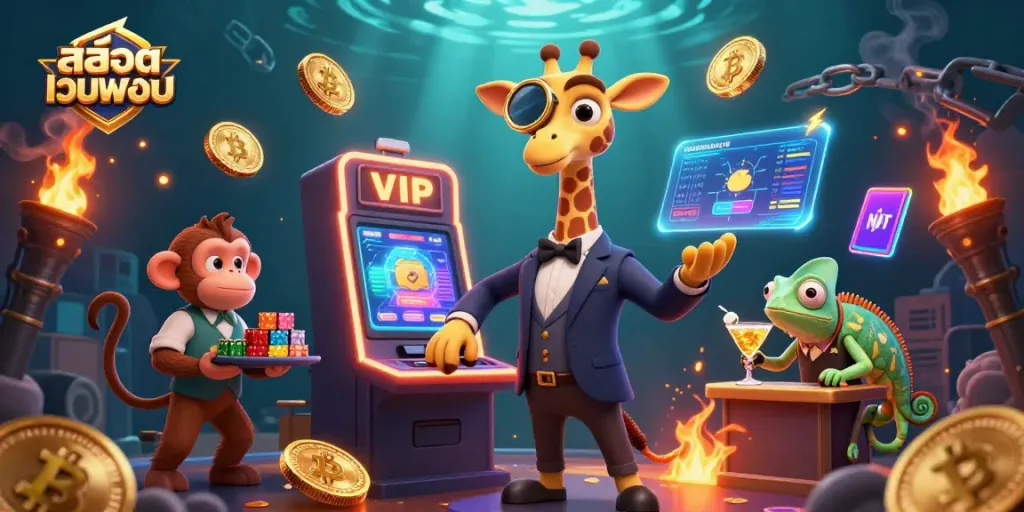 Engage your luck with สล็อตเว็บตรง at an exciting 3D gaming scene featuring vibrant characters and casino elements.