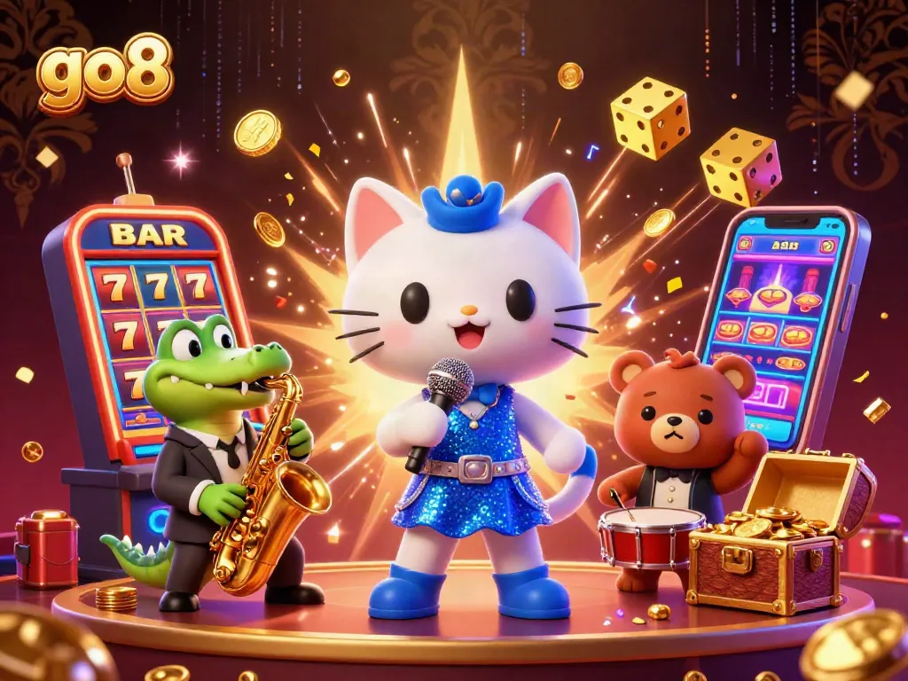 Engage with go8's vibrant casino scene featuring animated characters and dynamic slot action.
