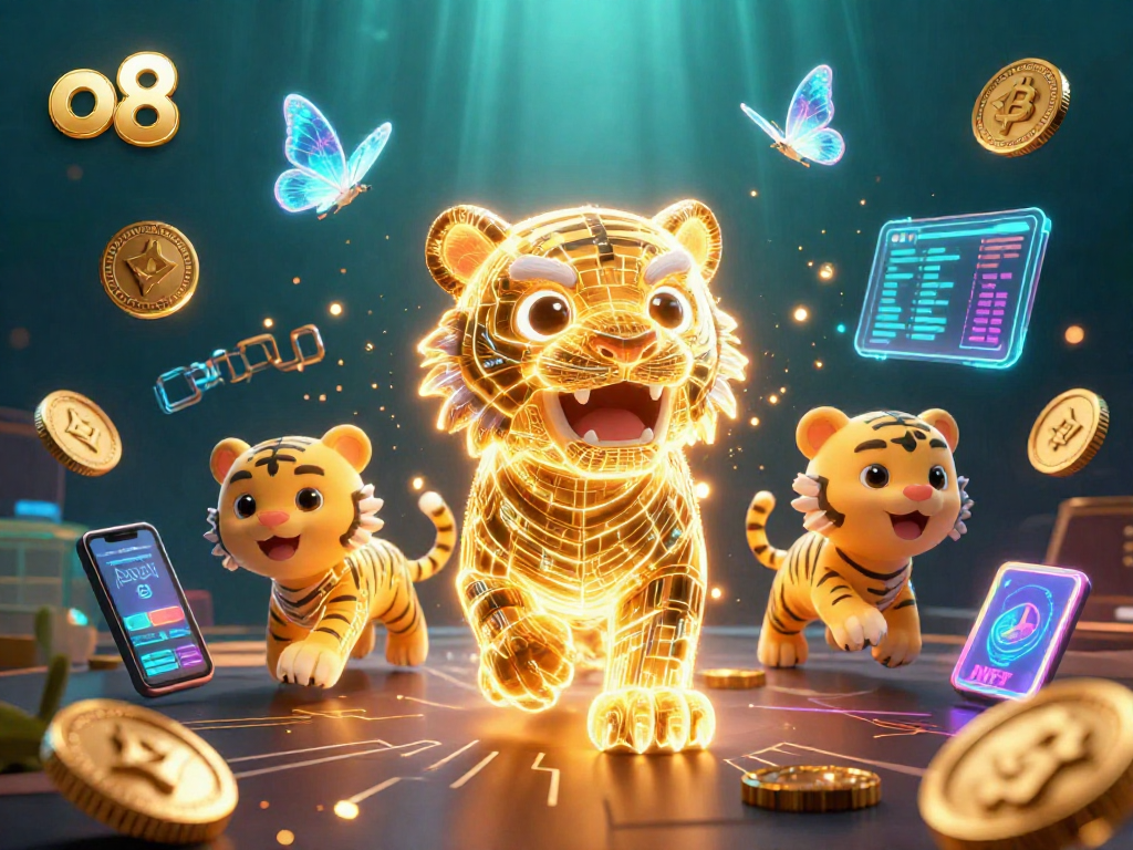 Experience the thrill of o8 with a neon-golden tiger amidst cryptocurrency elements in a vibrant casino.