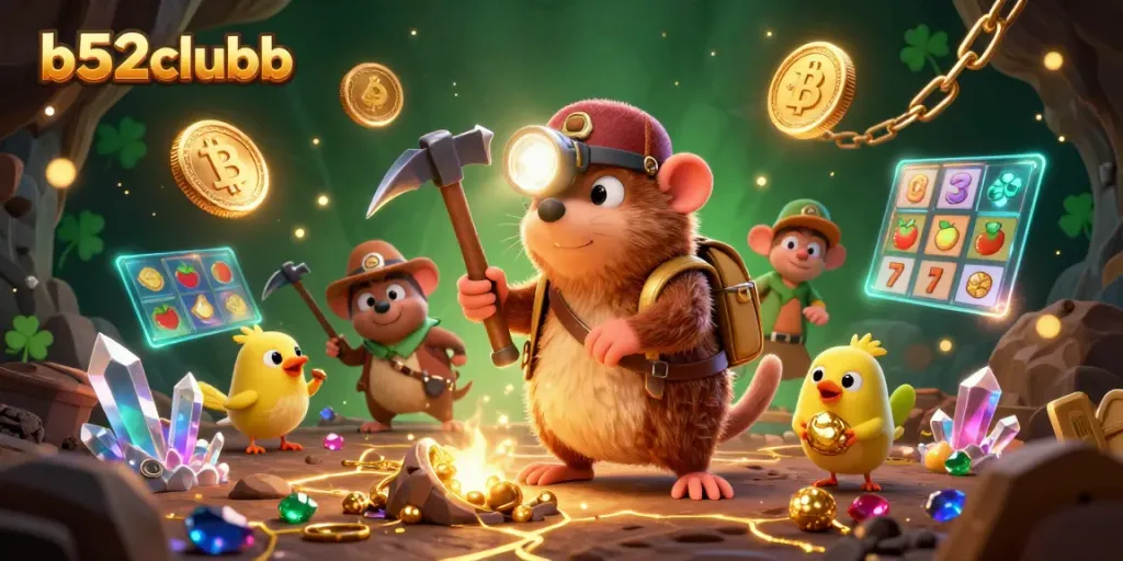 Engage with the vibrant b52clubb scene, featuring a treasure hunter and Bitcoin coins in a casino-themed adventure.
