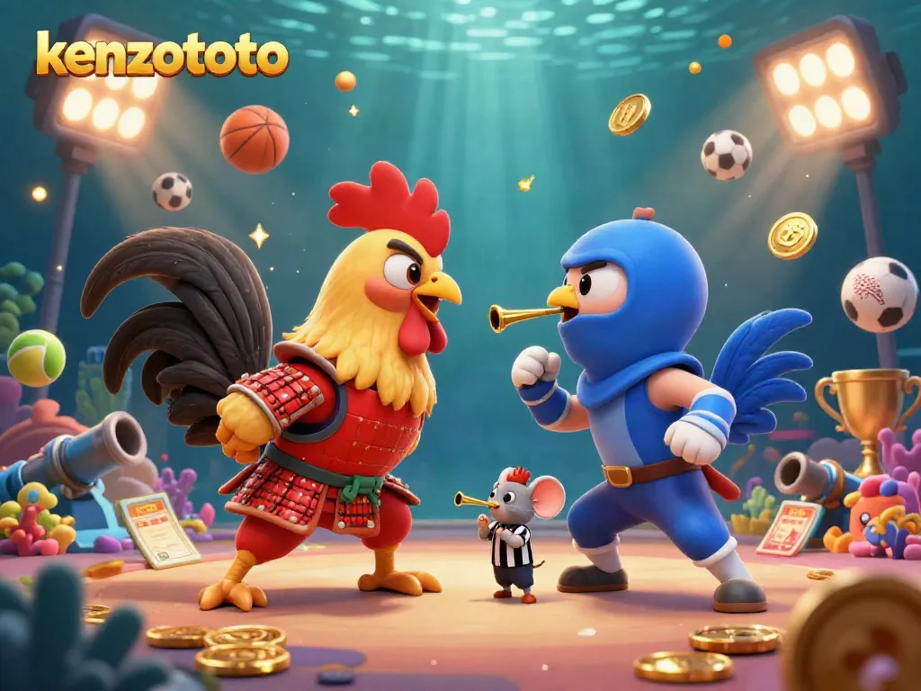 Kenzototo showcases twin cartoon fighting roosters in an underwater battle for coins and glory.